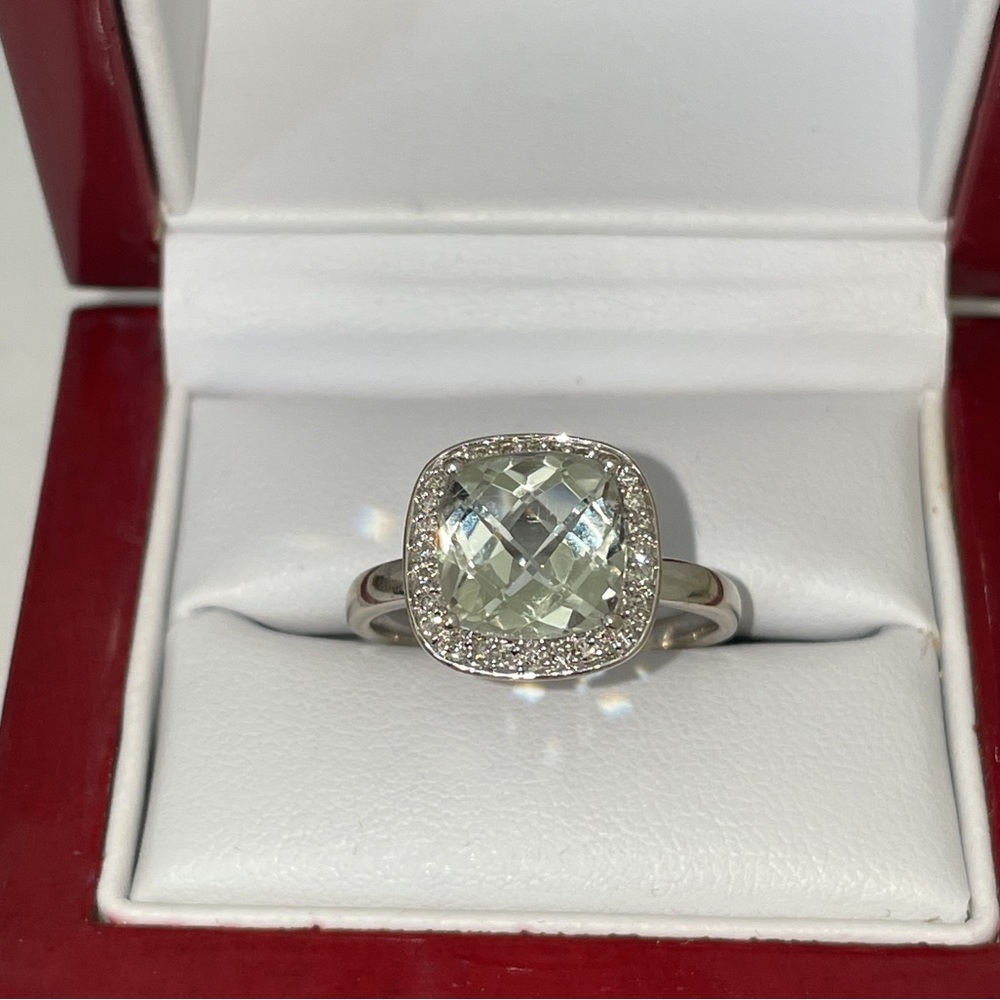 Dazzling White Gold Pale Green Prasiolite And Diamond Halo Ring - Picture 2 of 16